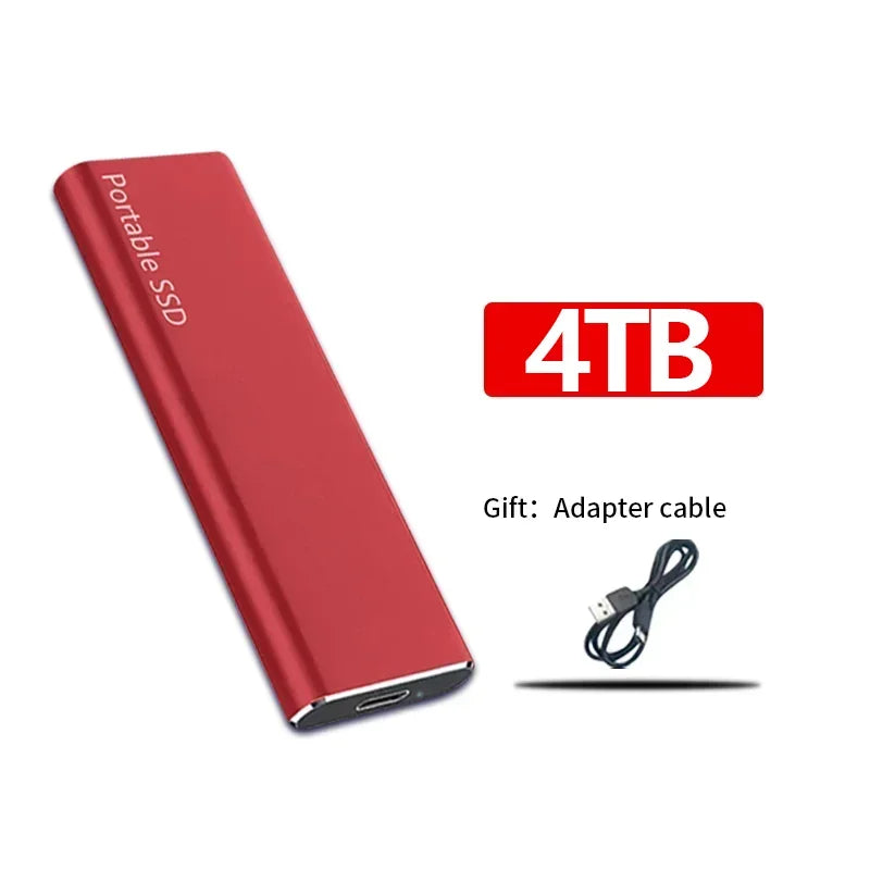 Disque SSD portable rouge 4 To avec câble adaptateur USB inclus. Stockage externe haute capacité, design compact et moderne.