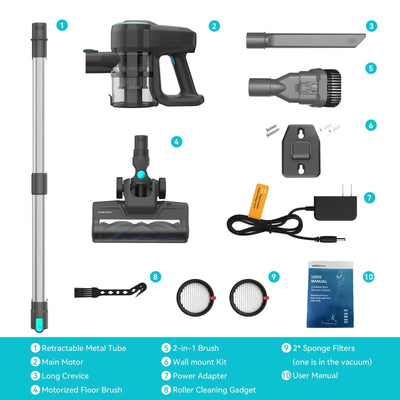 6-in-1 Cordless Stick Vacuum Cleaner - with LED Brush, 2200mAh Battery and Quiet Operation (65dB)