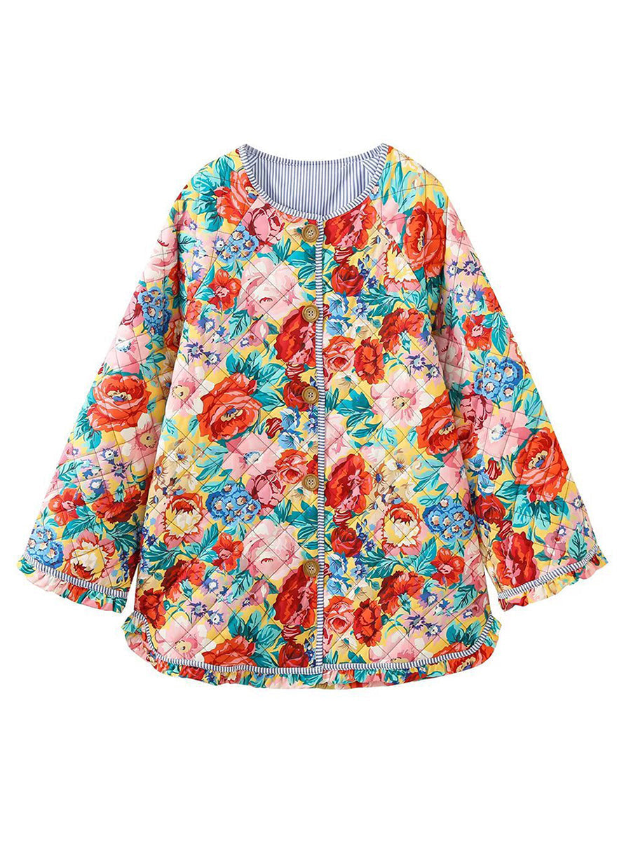 Veste matelassée colorée à motifs floraux, manches longues, style bohème, idéale pour l'automne. Mode femme tendance et originale.