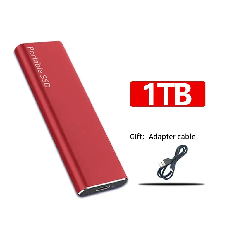 Disque SSD portable rouge 1 To avec câble adaptateur USB inclus, stockage externe haute vitesse, design compact et léger pour une utilisation facile.