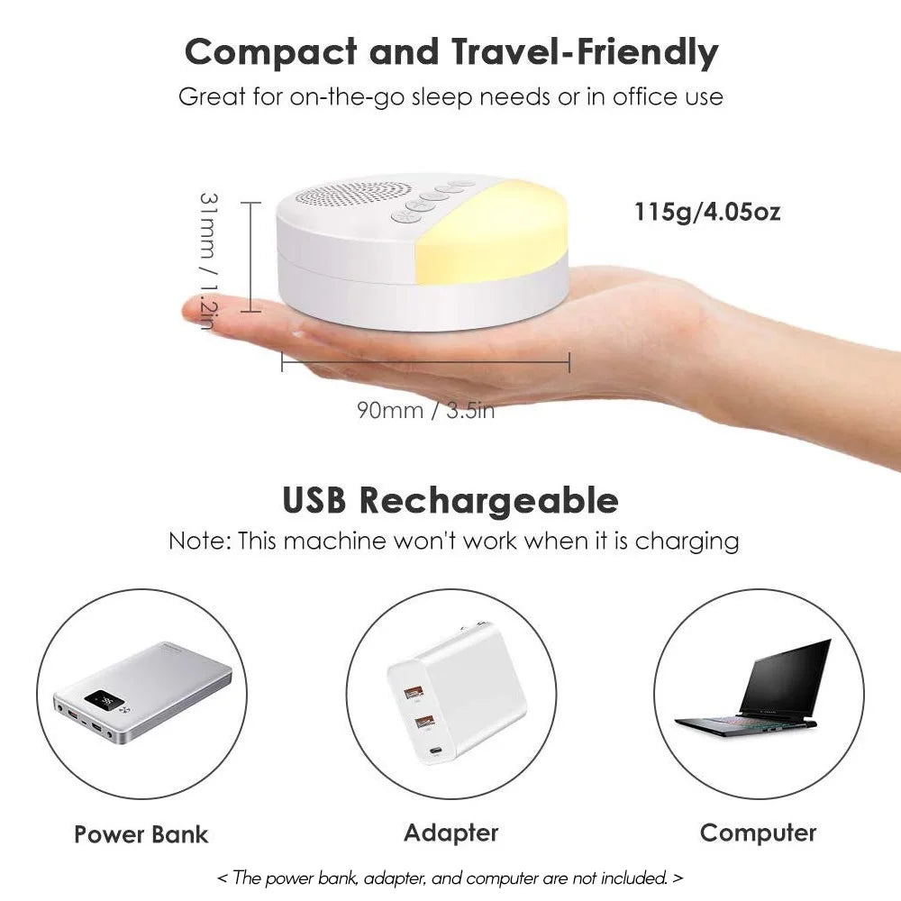 Appareil compact et portable, rechargeable par USB, idéal pour le sommeil ou le bureau. Compatible avec power bank, adaptateur, ordinateur.