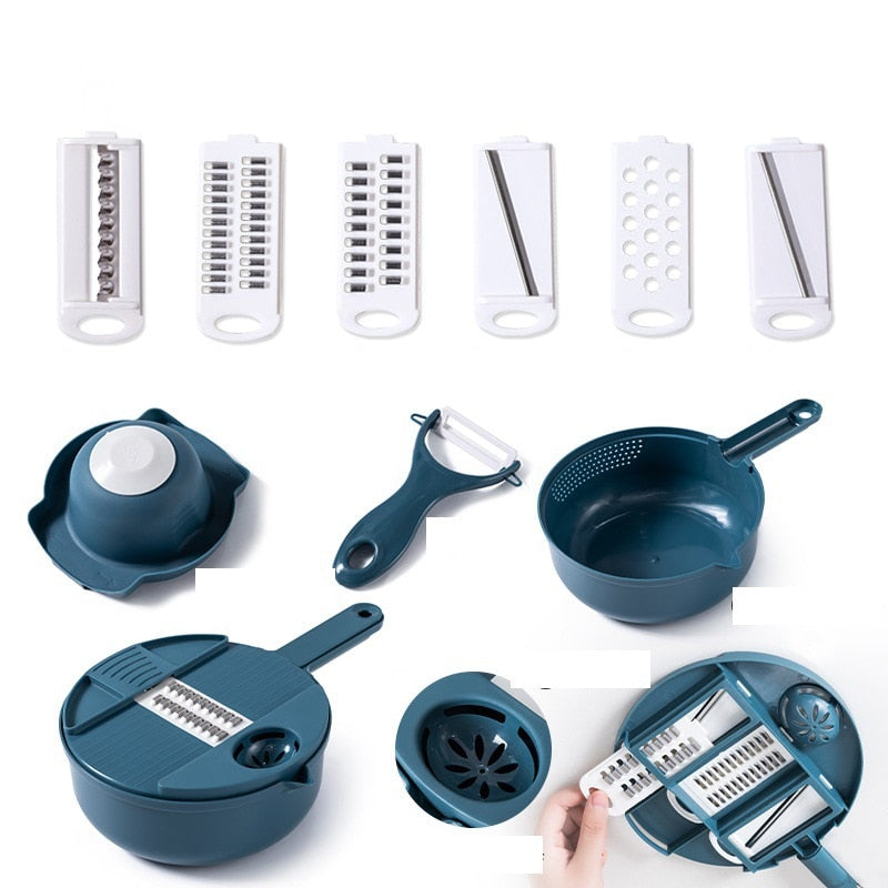 Ensemble de râpes et éplucheur multifonctions bleu avec accessoires interchangeables, idéal pour la cuisine, tranchage et découpe de légumes.