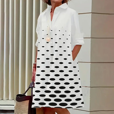 Vestido camisero de corte A para mujer, abotonado, manga larga, cuello clásico y largo hasta la rodilla.