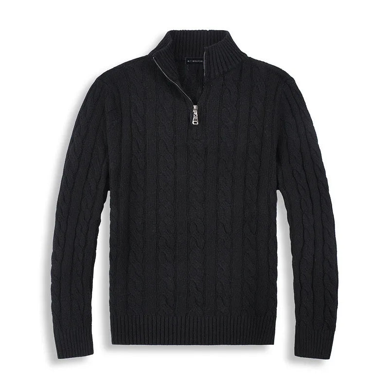 Pull noir à col zippé en maille torsadée, style élégant et chaud, idéal pour l'hiver. Vêtement homme tendance, mode automne-hiver.