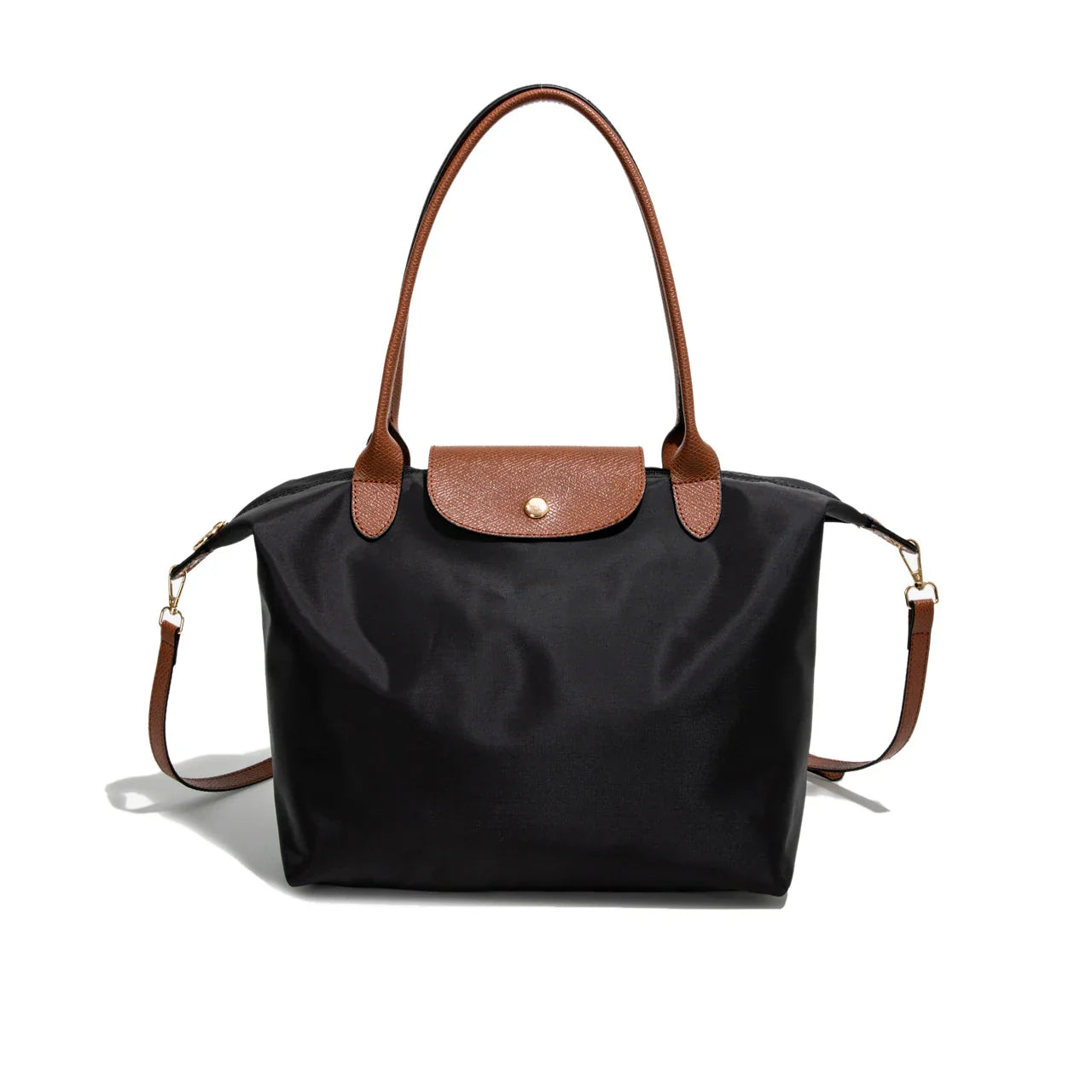 Sac à main noir élégant avec anses et rabat en cuir marron, design classique, idéal pour la mode féminine. Accessoire chic et pratique.