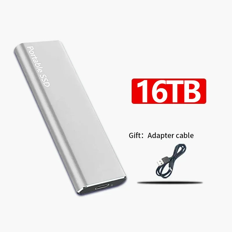 Disque SSD portable 16TB argenté avec câble adaptateur USB inclus. Stockage externe haute capacité, design compact et moderne.