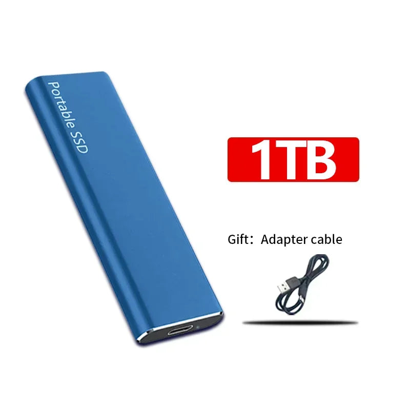 Disque SSD portable bleu 1 To avec câble adaptateur USB inclus. Stockage externe haute vitesse, compact et léger pour PC et Mac.