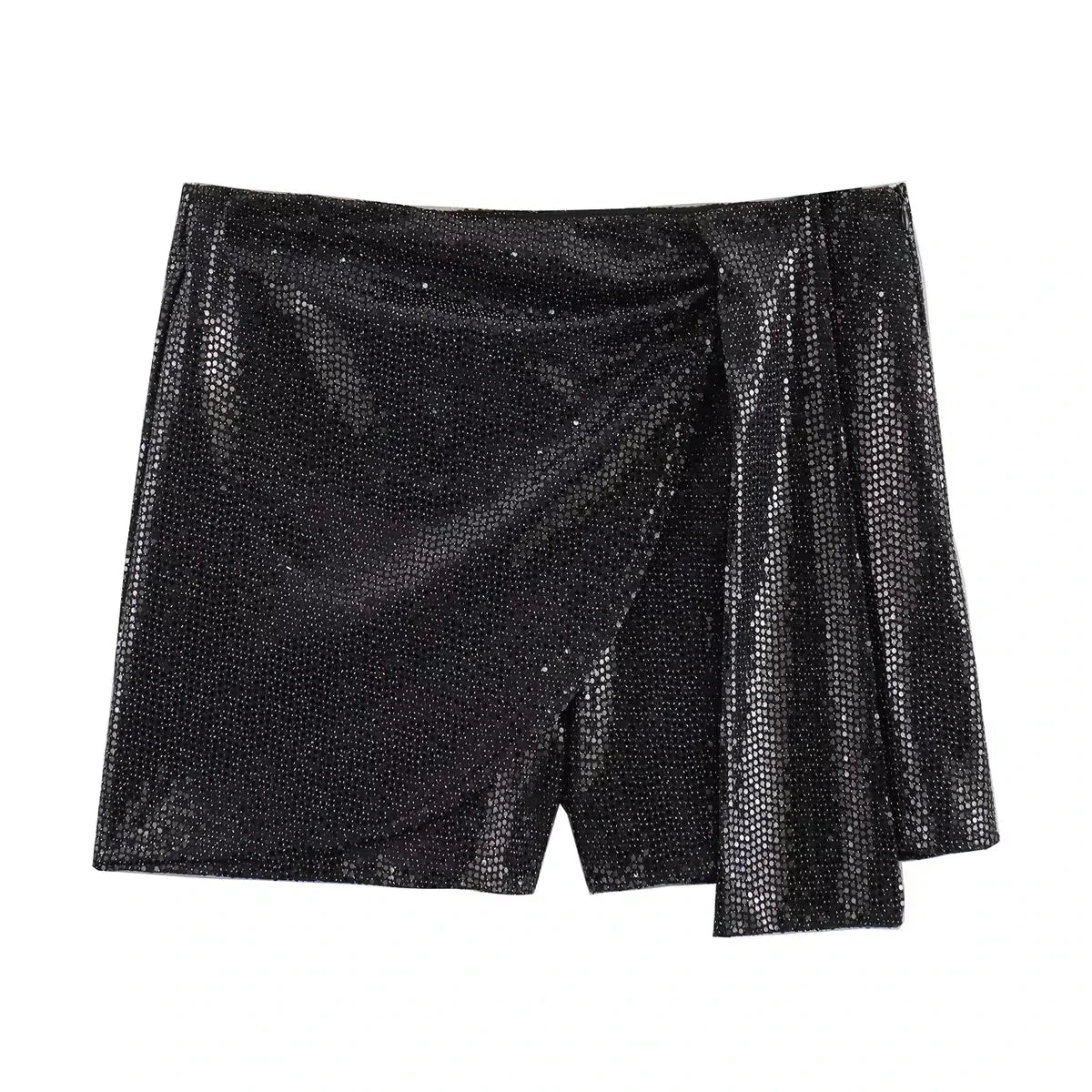 Short noir pailleté avec drapé asymétrique, style élégant et moderne, idéal pour soirées et événements festifs. Mode femme tendance.