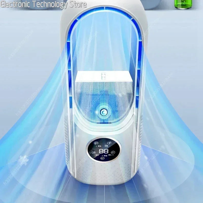 Purificateur d'air moderne avec écran numérique, affichant 88°C, éclairage LED bleu, design futuriste. Idéal pour maison, bureau, santé.