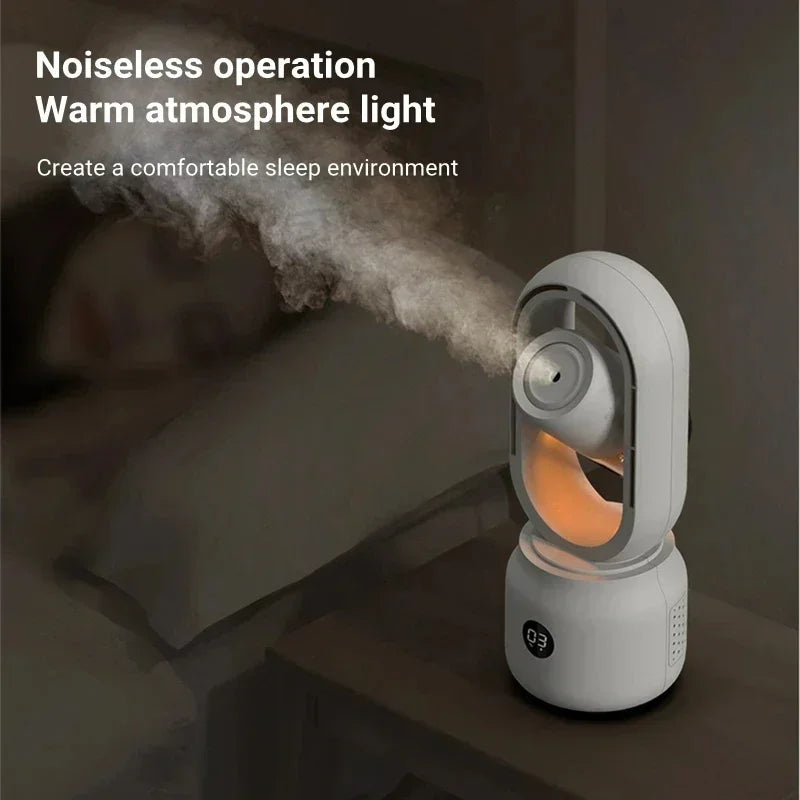 Humidificateur d'air blanc avec lumière d'ambiance chaude, fonctionnant silencieusement sur une table de chevet, idéal pour un sommeil confortable.