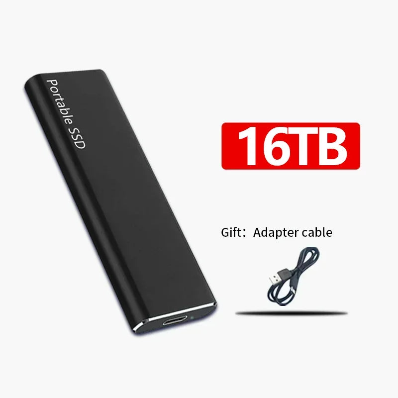 Disque SSD portable 16 To noir avec câble adaptateur USB inclus. Stockage externe haute capacité, compact et léger pour données numériques.