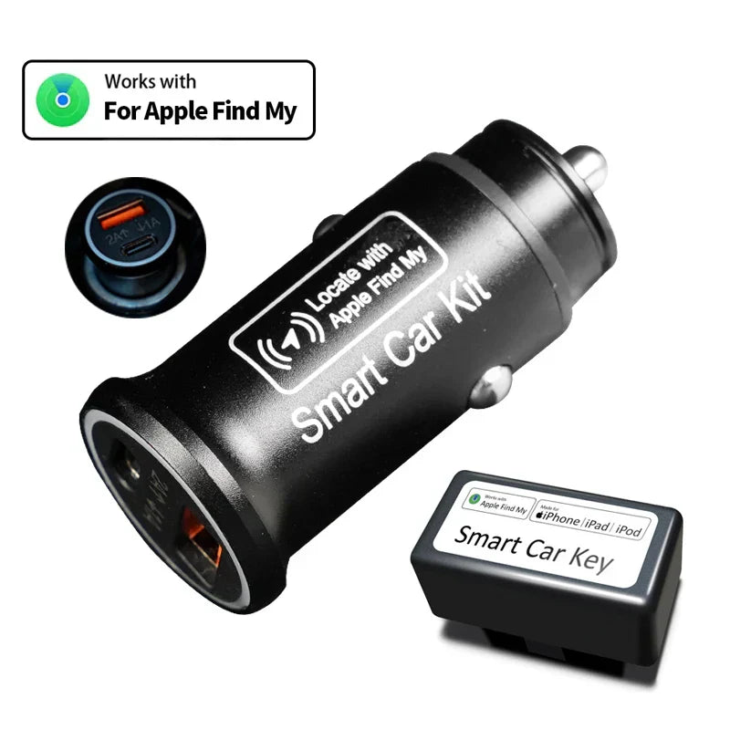 Chargeur de voiture intelligent compatible Apple Find My, avec ports USB et USB-C, et clé intelligente pour iPhone, iPad, iPod. Accessoire auto high-tech.