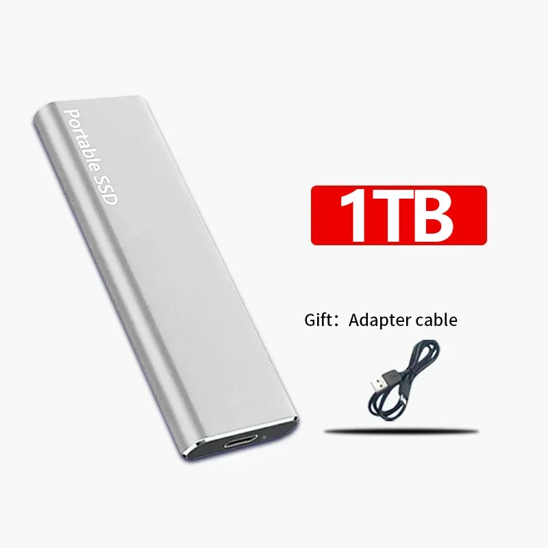 Disque SSD portable 1 To argenté avec câble adaptateur USB inclus. Stockage externe haute vitesse, compact et léger pour PC et Mac.