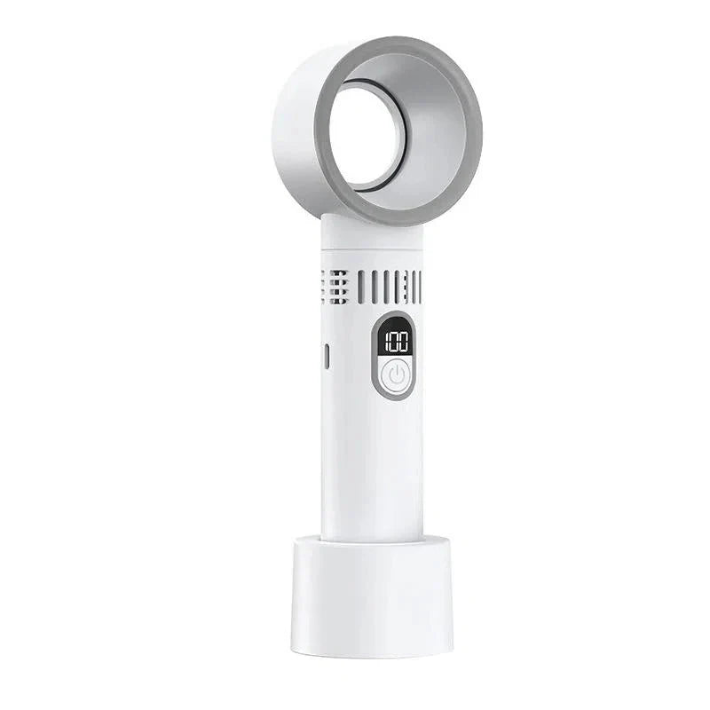 Sèche-cheveux sans pales blanc, design moderne, affichage numérique, technologie innovante, portable, idéal pour soins capillaires efficaces.