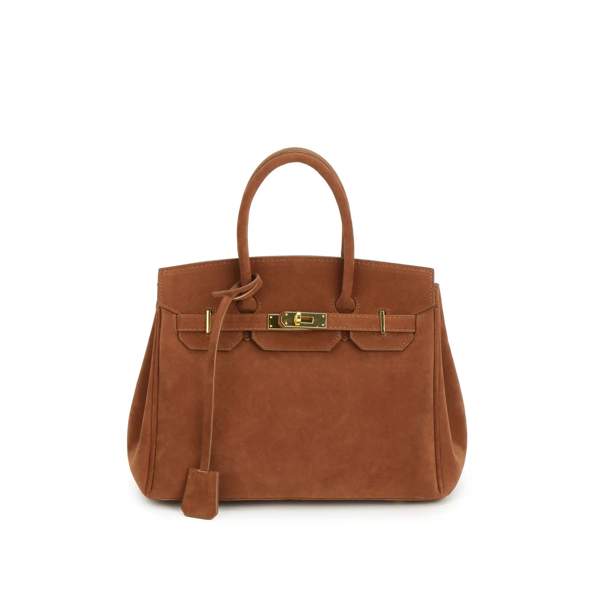 Sac à main en cuir marron, style Birkin, avec poignée supérieure et fermoir doré. Accessoire de mode élégant et luxueux pour femme.