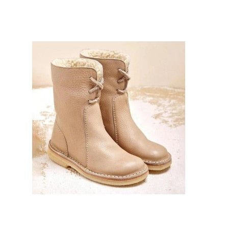 Bottes en cuir beige pour enfants avec doublure en fourrure, semelle en caoutchouc, style hiver, confortables et chaudes, mode enfantine.