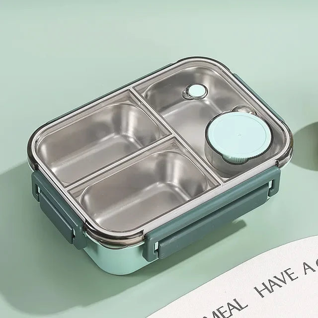 Boîte à lunch en acier inoxydable avec compartiments, couvercle hermétique et design moderne, idéale pour repas équilibrés et transport facile.
