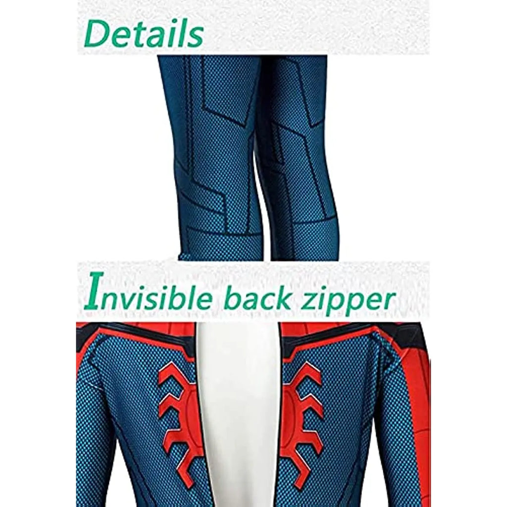 Combinaison de super-héros bleu et rouge avec fermeture éclair invisible au dos, motif géométrique, costume cosplay détaillé pour enfants.