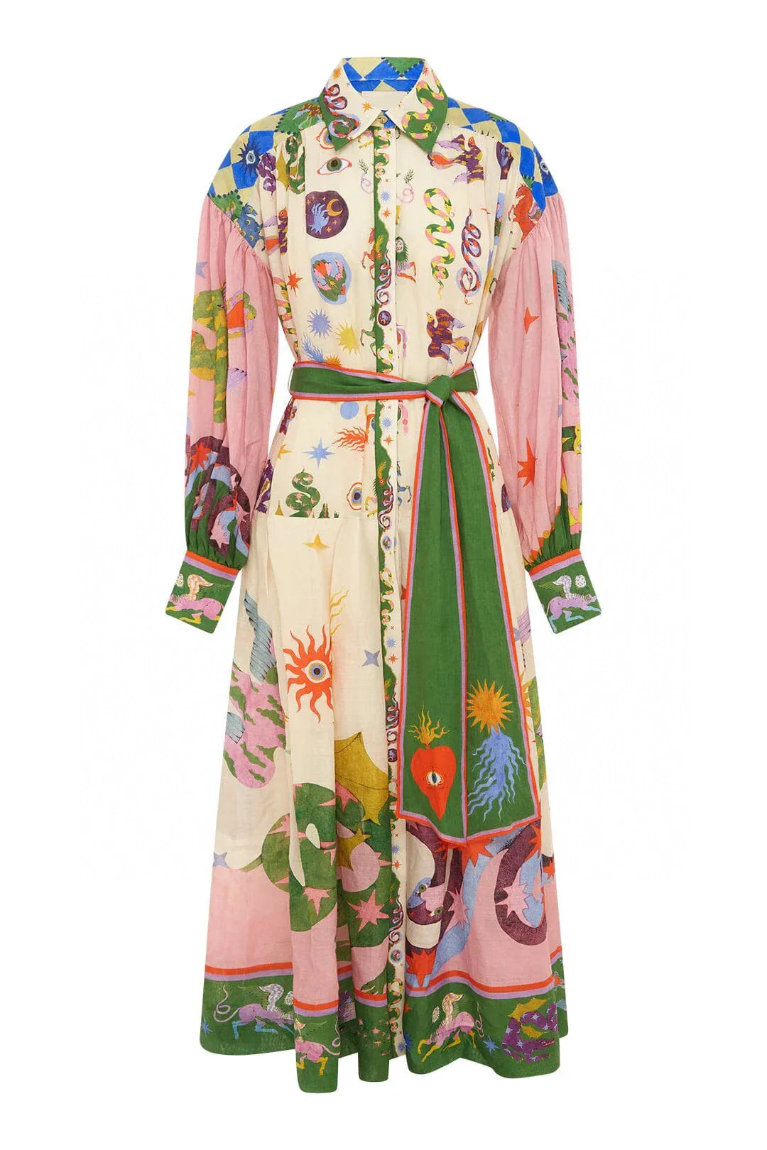 Robe longue bohème multicolore avec motifs astrologiques, manches longues, ceinture assortie. Style vintage, tendance mode féminine.
