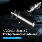 Chargeur de voiture AP200 noir, compatible Apple, avec dispositif anti-perte. Certification officielle Apple. Accessoire auto intelligent.