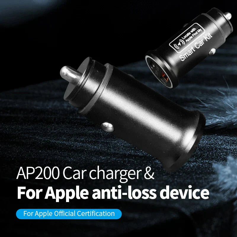 Chargeur de voiture AP200 noir, compatible Apple, avec dispositif anti-perte. Certification officielle Apple. Accessoire auto intelligent.
