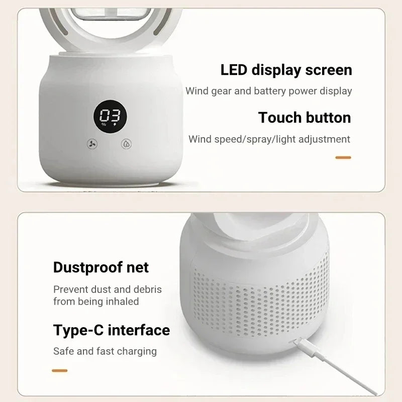 Écran LED et bouton tactile sur ventilateur portable blanc, affichage vitesse et batterie. Grille anti-poussière, interface Type-C pour charge rapide.
