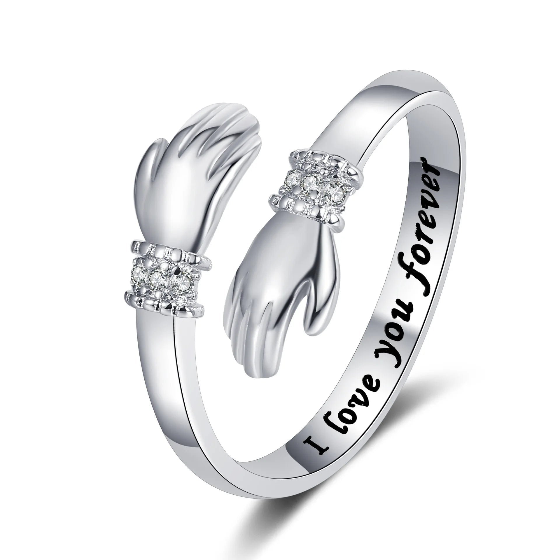 Bague en argent avec mains entrelacées, ornée de cristaux brillants, gravée "I love you forever". Bijou romantique, cadeau parfait pour amoureux.