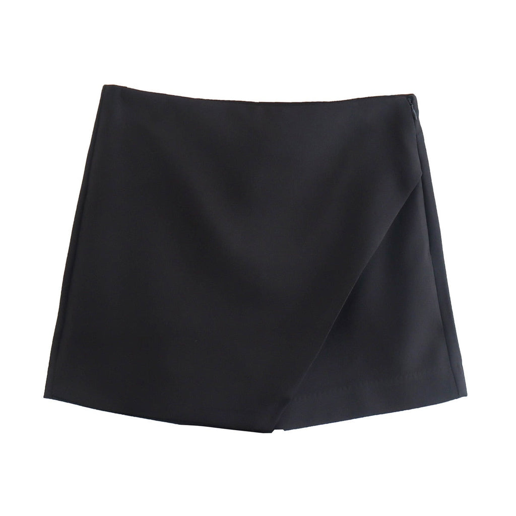 Jupe portefeuille noire élégante, design minimaliste, tissu lisse, idéale pour tenues de soirée ou bureau, mode féminine tendance.