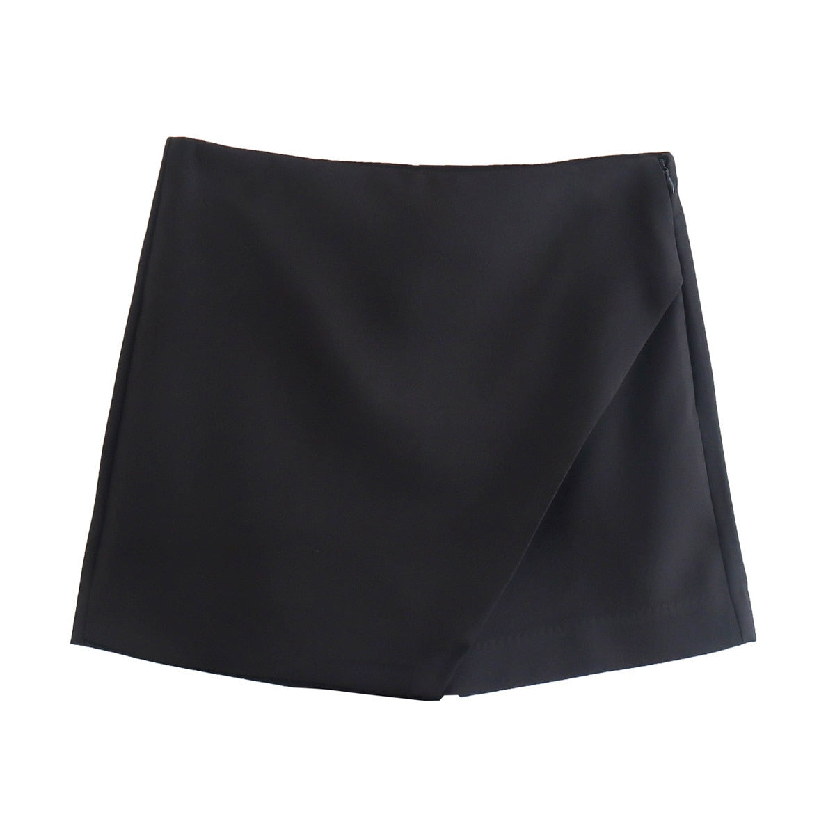 Jupe portefeuille noire élégante, design minimaliste, tissu lisse, idéale pour tenues de soirée ou bureau, mode féminine tendance.