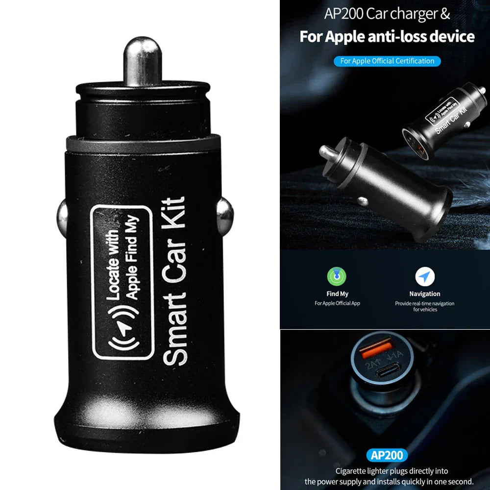 Chargeur de voiture intelligent AP200 noir, compatible Apple Find My, avec fonction anti-perte, certification officielle Apple, design compact.