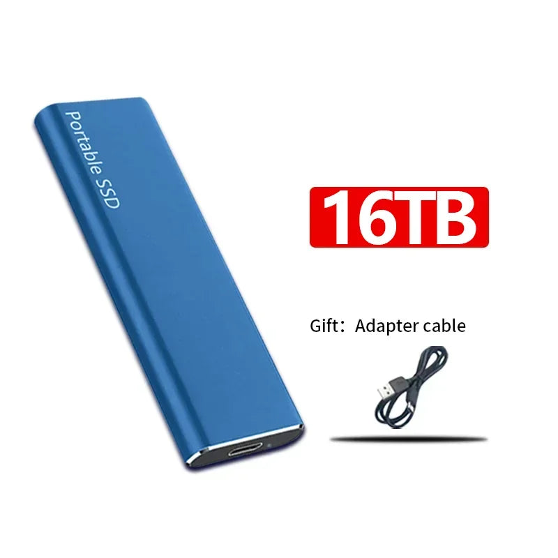 Disque SSD portable bleu 16TB avec câble adaptateur USB inclus. Stockage externe haute capacité, design compact et moderne.