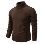 Pull col roulé marron pour homme, manches longues, en laine douce. Mode automne-hiver, style élégant et confortable. Vêtement chaud et tendance.