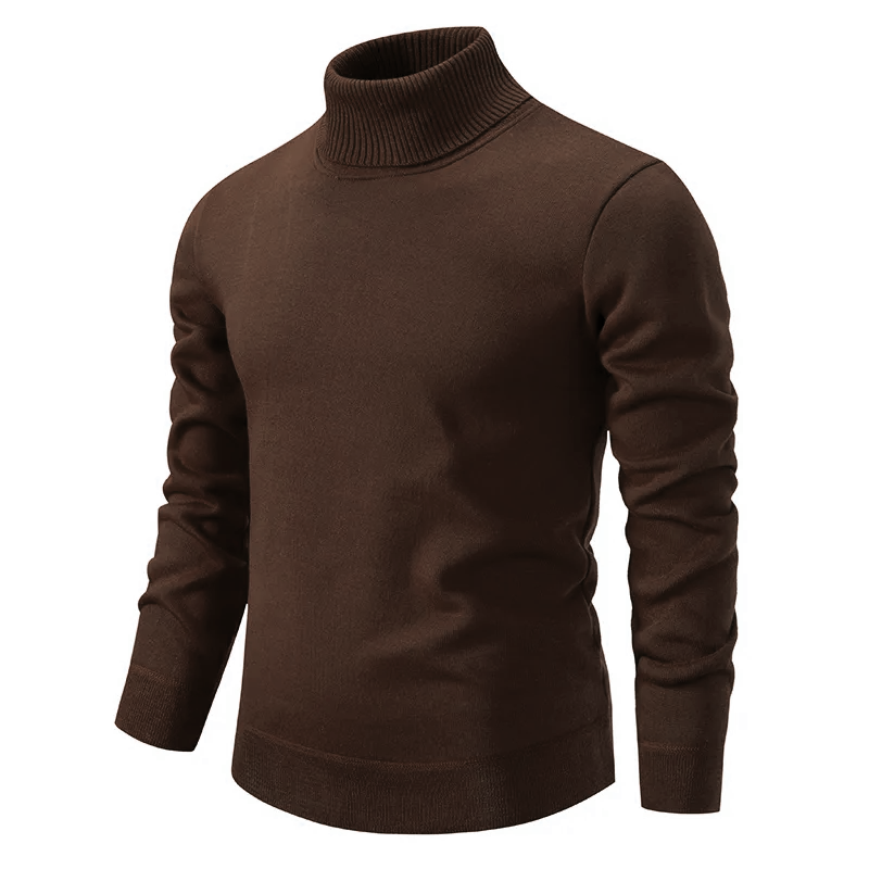 Pull col roulé marron pour homme, manches longues, en laine douce. Mode automne-hiver, élégant et confortable. Vêtement chaud et tendance.