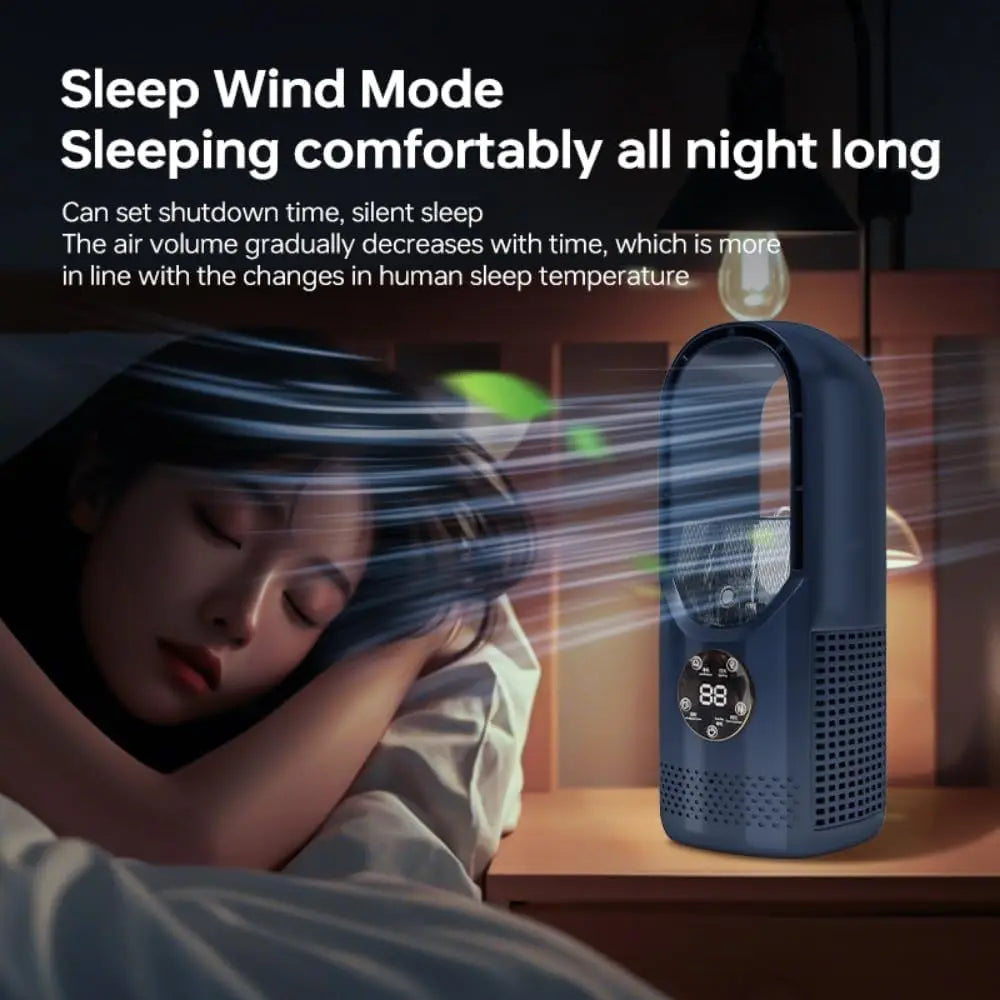 Ventilateur sans pales bleu sur table de chevet, mode sommeil activé, affichage numérique, femme dormant paisiblement à côté, éclairage tamisé.