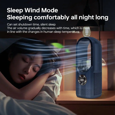 Ventilador sin aspas con humidificador y luz RGB: silencioso e inalámbrico para el hogar y viajes.