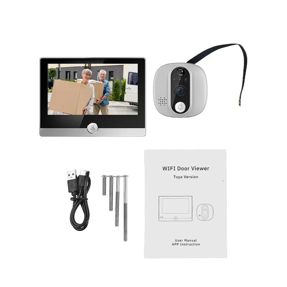 Visiophone WiFi avec écran, caméra, câble USB, vis et manuel. Système de sécurité maison, surveillance vidéo, installation facile.
