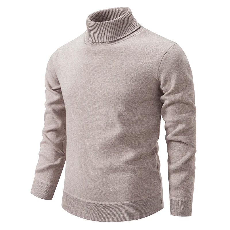 Pull col roulé beige pour homme, manches longues, tricoté, style élégant et moderne, idéal pour l'hiver et la mode masculine.