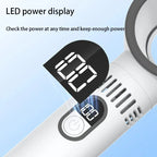 Sèche-cheveux blanc avec affichage LED numérique, bouton d'alimentation et design moderne. Indicateur de puissance pour un contrôle facile.