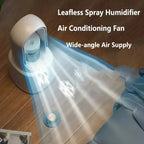 Humidificateur pulvérisateur sans pales avec ventilateur de climatisation, diffusion d'air grand angle, posé sur un sol en bois à côté d'un canapé bleu.