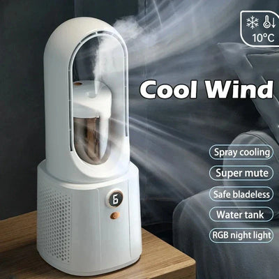 Ventilador de dormitorio sin hojas con refrigeración por pulverización y luz nocturna: minienfriador de aire silencioso para dormir mejor en verano