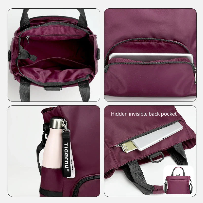 Sac à dos violet multifonction avec poches zippées, compartiment pour ordinateur portable, porte-bouteille et poche arrière cachée. Accessoire pratique.