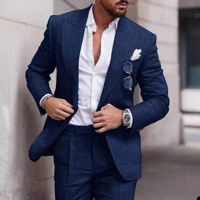 Novio moderno: traje de boda de lino