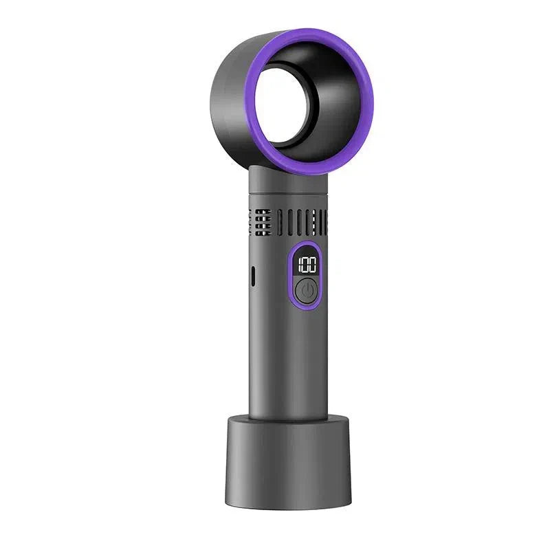 Sèche-cheveux sans pales noir et violet, design moderne, affichage numérique, technologie avancée, portable, idéal pour coiffure rapide et efficace.