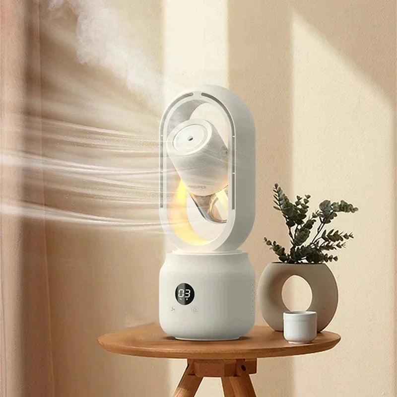 Humidificateur d'air moderne sur table en bois, design ovale, affichage numérique, brume visible, plante décorative à côté, intérieur lumineux.
