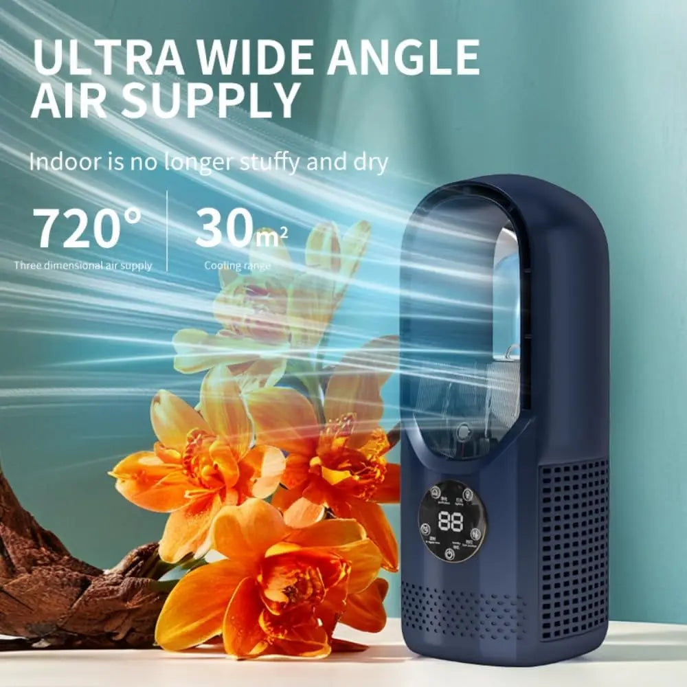 Ventilador sin aspas con humidificador y luz RGB: silencioso e inalámbrico para el hogar y viajes.