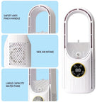 Déshumidificateur portable blanc avec écran LED, poignée anti-pincement, entrée d'air latérale, grand réservoir d'eau. Design moderne et compact.