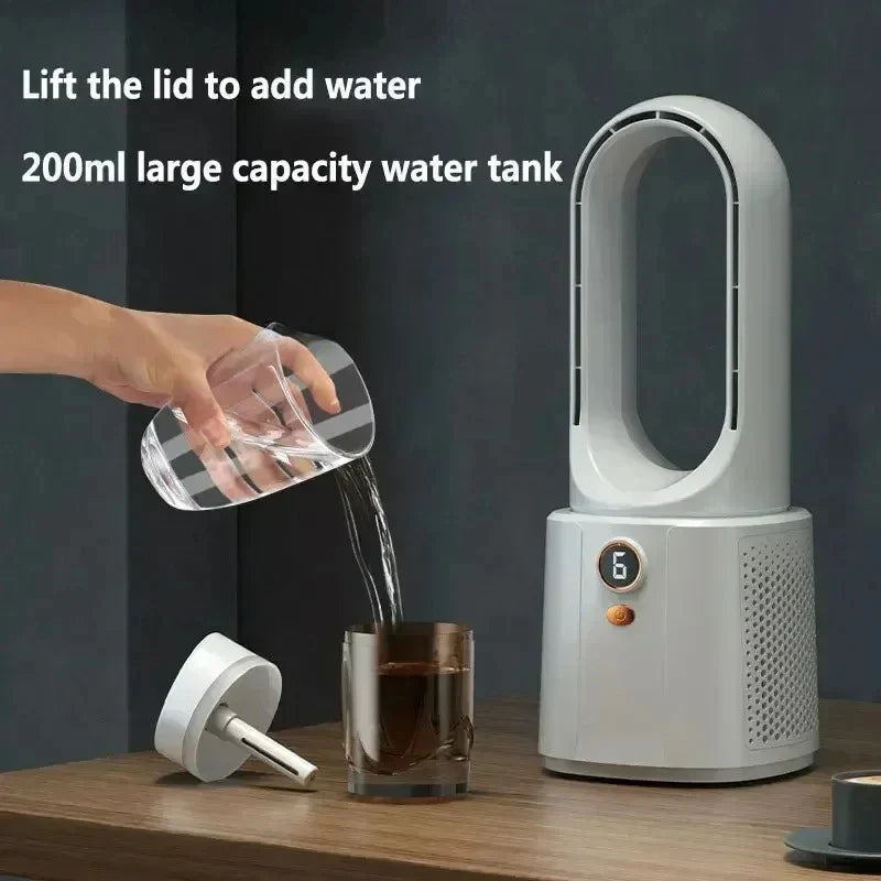 Ventilateur sans pales avec réservoir d'eau de 200 ml, couvercle retiré, verre en train d'être rempli. Design moderne, technologie de refroidissement efficace.