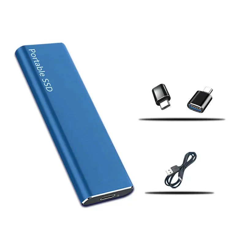 Disque SSD portable bleu avec adaptateurs USB-C et câble USB, stockage externe rapide et compact, idéal pour sauvegarde et transfert de données.