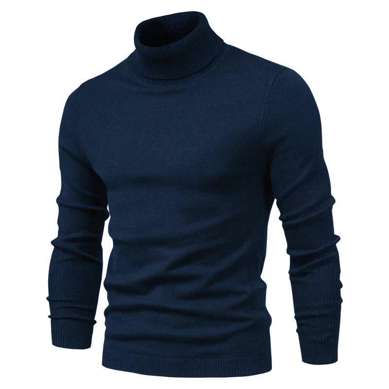 Pull col roulé bleu marine pour homme, manches longues, style élégant et moderne, idéal pour l'hiver et la mode masculine.