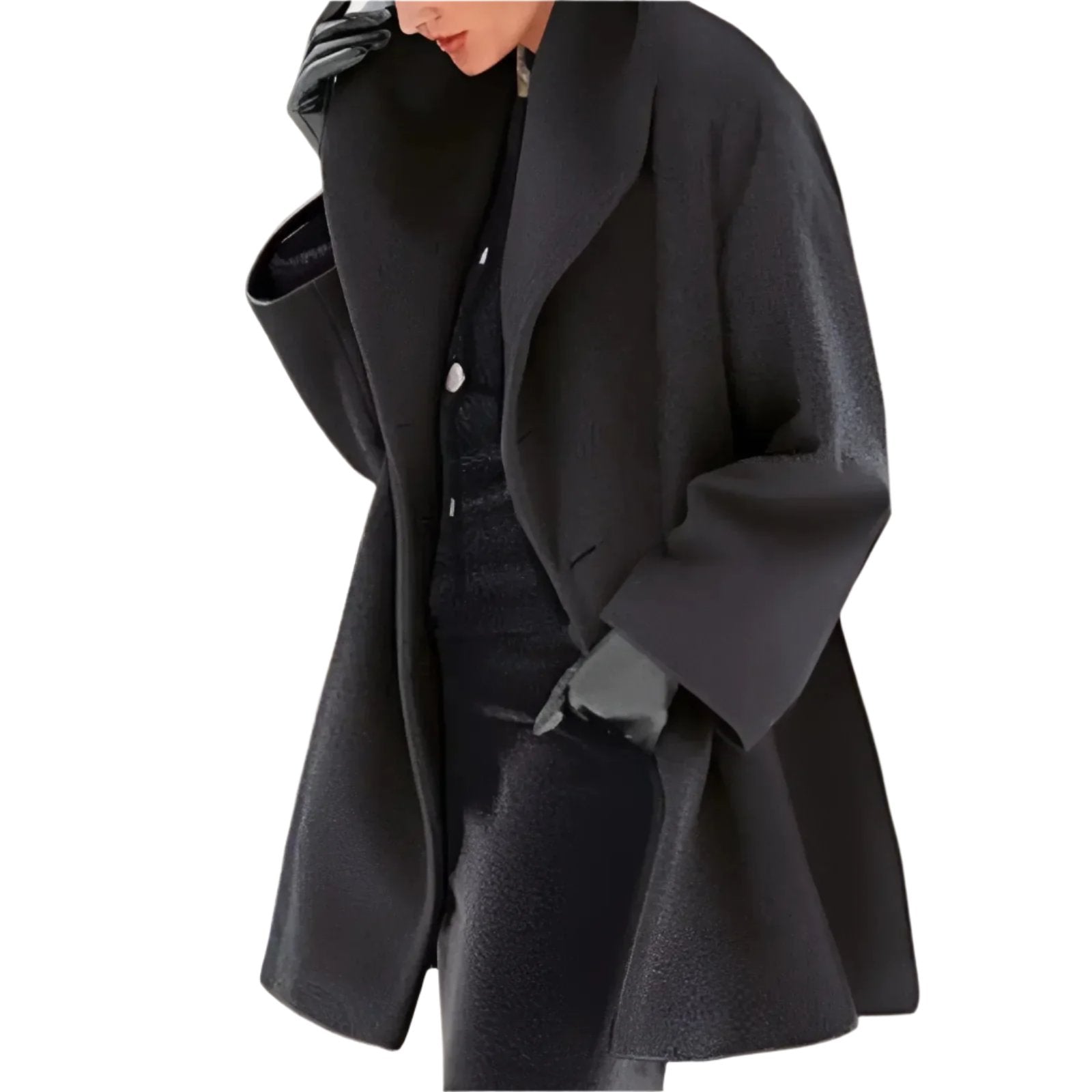 Manteau noir élégant pour femme, coupe ample, col large, porté avec des gants noirs. Mode automne-hiver, style chic et moderne.